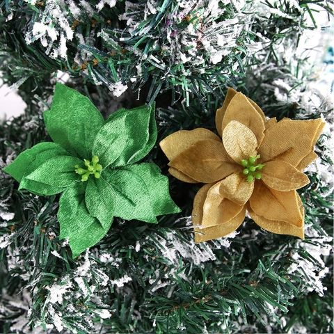 Artificial Christmas Poinsettia Flowers For Christmas Tree Decoration Velvet Glitter Simulation Flowers For Holiday Home Party Layout Ornaments