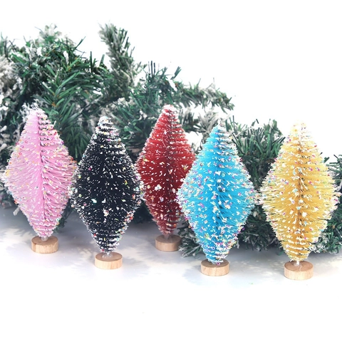 Mini Ornement De Bureau Sapin De Noël En Forme De Losange Avec Paillettes D'étoiles Colorées Et Base En Bois Pour Décoration De Fête