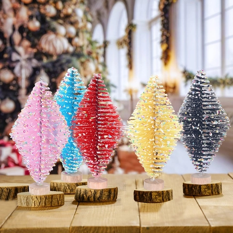 Mini Ornement De Bureau Sapin De Noël En Forme De Losange Avec Paillettes D'étoiles Colorées Et Base En Bois Pour Décoration De Fête