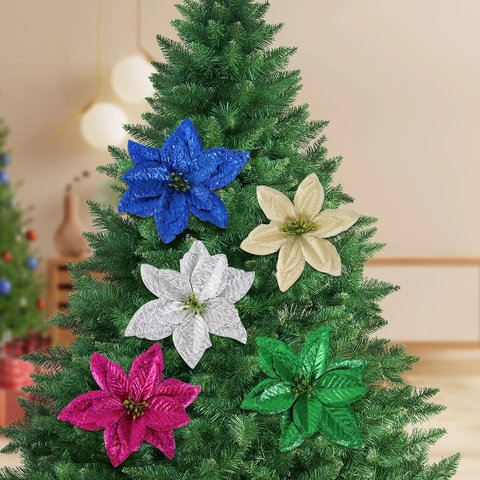 Glitzer Künstliche Weihnachtsstern Weihnachtsblumen Kunststoff Stoff Schimmer Künstliche Blumen Ornamente Für Weihnachtsbaum Dekoration Party Home Dekor