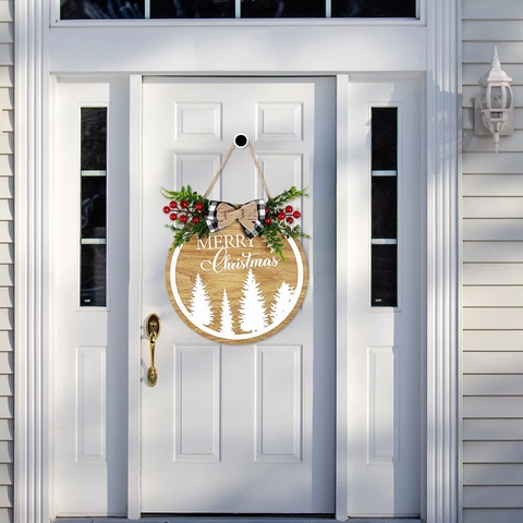 Buon Natale Insegna Appesa alla Porta in Legno Targa di Benvenuto Rotonda Con Fiocco a Quadri e Verde Artificiale per la Casa