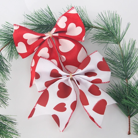 Valentine's Day Heart Print Decorative Bows For Wedding Party DIY Polyester Fabric Large Bows Gift Wrapping Ornaments