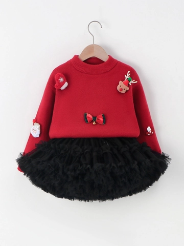 Ensemble Jupe Pull de Noël pour Filles Pullover en Tricot Rouge Avec Appliqué Père Noël Renne Jupe en Mesh Tutu Noire Festif