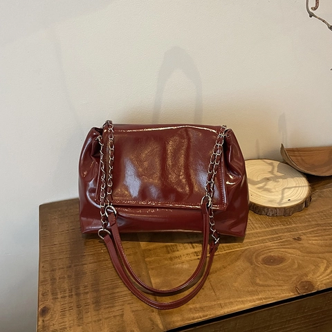 Vintage Large Capacity Women Tote Bag PU Leather Shoulder Underarm Bag Solid Color Chain Strap Commuter Fashion Bag