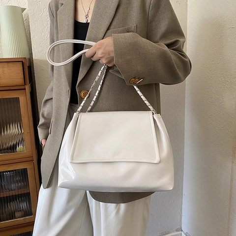 Vintage Large Capacity Women Tote Bag PU Leather Shoulder Underarm Bag Solid Color Chain Strap Commuter Fashion Bag