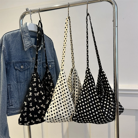 Borsa a Tracolla in Tela Casual da Donna Grande Capacità Pois Fiocco Stampa Borsa Tote per Pendolarismo Estivo Moda Borsa