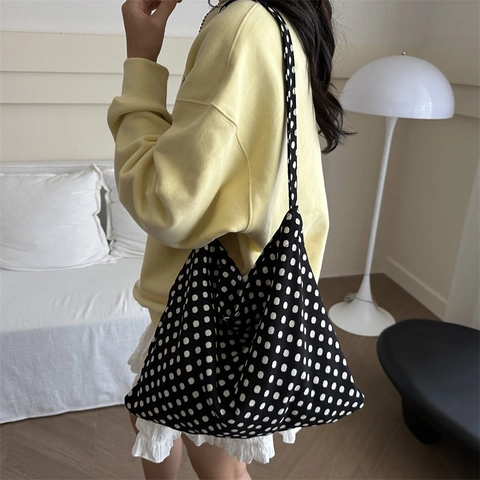 Borsa a Tracolla in Tela Casual da Donna Grande Capacità Pois Fiocco Stampa Borsa Tote per Pendolarismo Estivo Moda Borsa