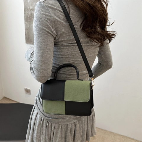 Borsa a Mano da Donna con Patchwork a Contrasto in Pelle PU Piccola Borsa a Tracolla Quadrata Con Tracolla Regolabile Per Pendolarismo