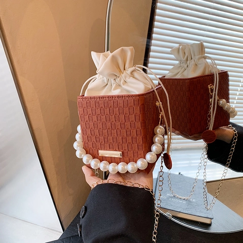 Women's Mini Canvas Bucket Bag With Artificial Pearl Handle Fashion Boxy Crossbody Bag Alloy Chain Small Shoulder Bag