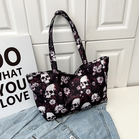Women Gothic Skull Floral Print Large Capacity Tote Bag Dark Punk Style Shoulder Handbag Casual Commuting Shopping Bag