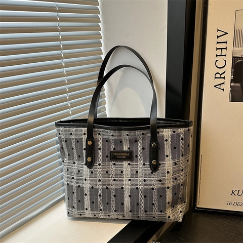 Cabas Femme en Cuir PU Grande Capacité Vintage à Carreaux Imprimé Cœur Sac à Main Épaule pour Bureau Études
