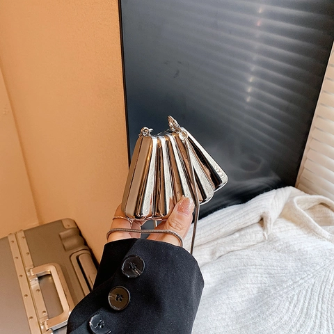 Mini Schoudertas In De Vorm Van Een Schelp Voor Dames Mode Ketting Avondclutch Glanzend Metaaltextuur Kleine Vierkante Tas