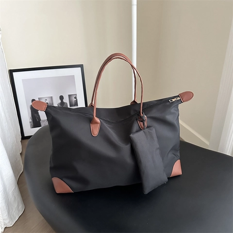Borsa Tote in Nylon Impermeabile Grande Capacità Donna Finiture in Pelle PU Borsa a Tracolla Casual Viaggio Con Pochette