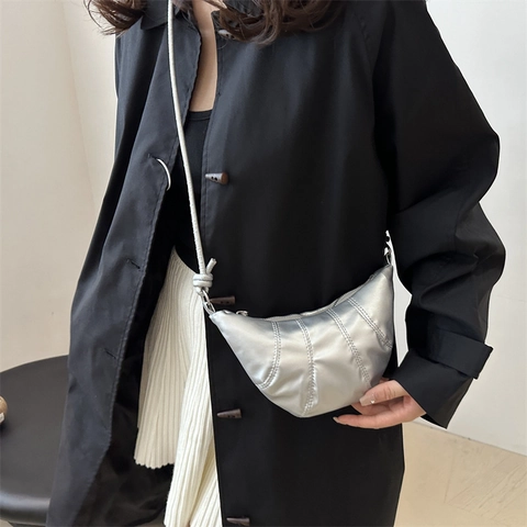 Dames PU Lederen Croissant Tas Minimalistisch Effen Kleur Geplooide Schouder Okseltas Urban Casual Handtas
