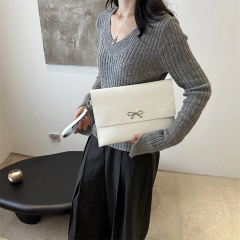 Dames PU Leer Envelop Clutch Tas Minimalistische Avondtas Met Metalen Strik Decor Polsband Mode Handtas