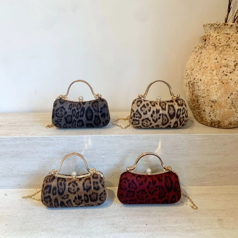 Leopard Print Evening Clutch Bag Velvet Metal Handle Rhinestone Lock Detachable Chain Shoulder Handbag For Women