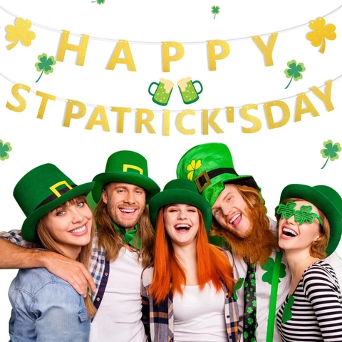 Striscione San Patrizio Oro Glitter Happy St Patrick's Day Lettera Bunting Trifoglio Irlandese Ghirlanda Appesa Decorazione Festiva