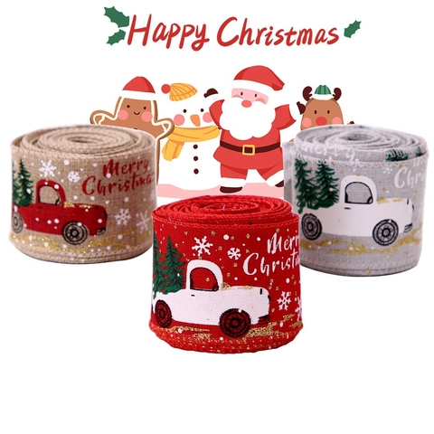 Albero di Natale Nastro Bordo Cablato per Decorazione Regali Imitazione Lino Stampato Camion Rosso Fiocco di Neve Festivo Fai da Te Ornamento