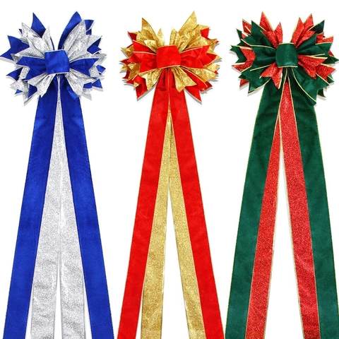 Large Christmas Tree Topper Bow Double Layer Flannel Glitter Fabric Ribbon Hanging Decoration For Christmas Party Home Ornament