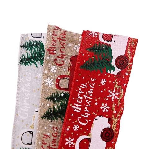 Ruban de Noël Avec Bord Filaire Motif Camion Vintage Sapin Pour Emballage Cadeau Décoration de Sapin Fête Artisanat DIY