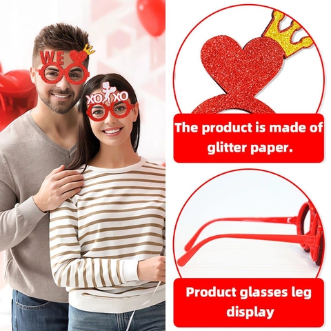 Occhiali da Festa a Forma di Cuore per San Valentino Glitter Lettera LOVE KISS XOXO Cupid Design Oggetti di Scena Foto Decorazione