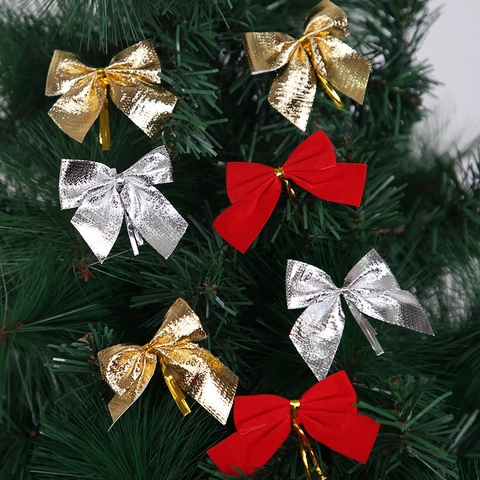 Christmas Tree Bow Ornaments Metallic Velvet Bowknots Festival Hanging Decorations For Home Party Red Gold Silver Bows