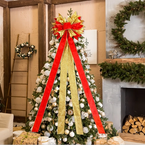 Large Christmas Tree Topper Bow With Long Streamers Velvet Glitter Patchwork Bowknot For Holiday Home Party Decoration