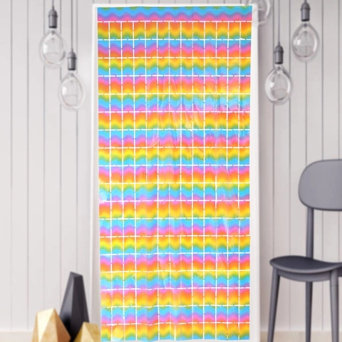 Macaron Rainbow Square Block Tinsel Curtain Party Backdrop Metallic PET Fringe Door Curtain For Birthday Wedding Decoration