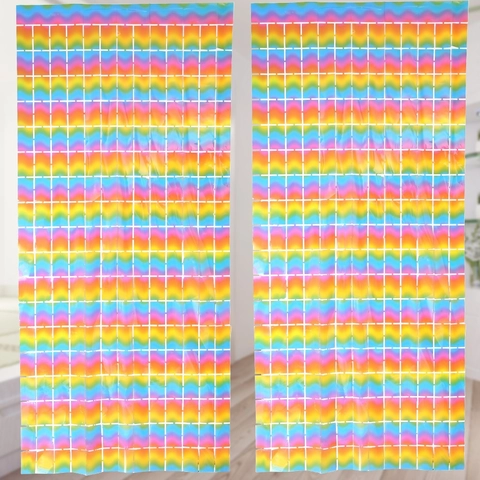 Macaron Rainbow Square Block Tinsel Curtain Party Backdrop Metallic PET Fringe Door Curtain For Birthday Wedding Decoration