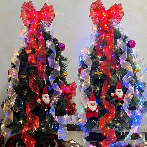 Christmas Tree Decoration LED Ribbon Lights Double Layer Organza Gold Silver Red Metallic Edge DIY Bow Xmas Party Decor