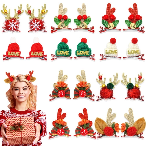 Molletta per Capelli a Forma di Corna di Renna di Natale Mini Cappello a Maglia Love Campana Fiocco di Neve Brillantini Accessori Capelli