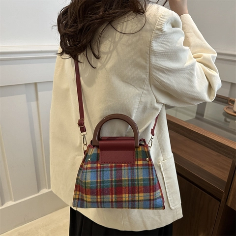 Bolso de Hombro Vintage de Tweed a Cuadros para Mujer Bolso de Mano Plaid Retro con Asa Redonda Correa Ajustable Bolso de Moda