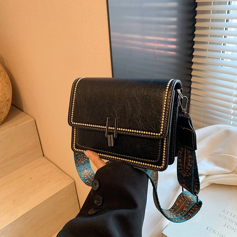 Vintage Women PU Leather Crossbody Bag Small Square Shoulder Bag With Wide Ethnic Printed Strap And Rivet Decoration
