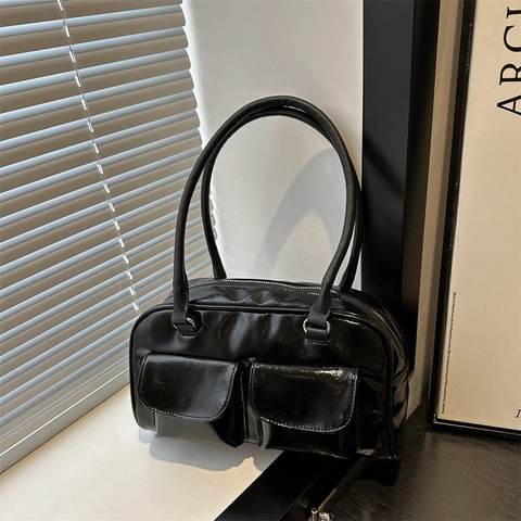 Bolso de Hombro de Cuero PU Brillante a la Moda para Mujer Retro Bolso de Mano con Doble Bolsillo Color Sólido Elegante de Axila