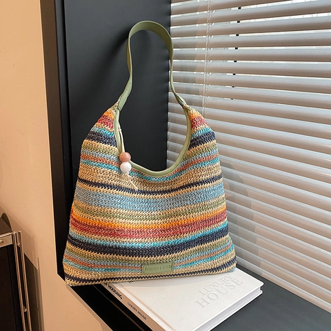 Multicolor Striped Straw Woven Tote Bag For Women Large Capacity Bohemian Shoulder Bag With Beaded Ornament Vacation Beach Bag