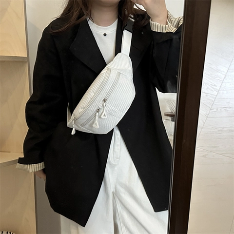Women Corduroy Chest Bag Adjustable Strap Casual Solid Color Crossbody Waist Bag Multi Zipper Fashion Shoulder Bag