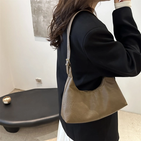 Bolso de Hombro de Cuero Artificial Gamuza Retro para Mujer Gran Capacidad Color Sólido Media Luna Hobo Tote Bag Diario