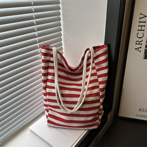 Bolso Tote de Lona Casual a Rayas para Mujer Bolso de Hombro de Gran Capacidad Con Asas de Cuerda Bolso Estético Diario para Viajes