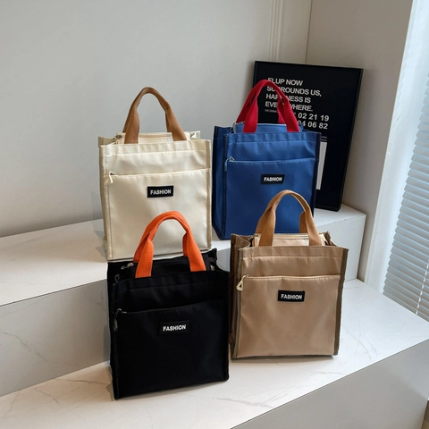 Bolso Tote de Lona Minimalista Con Bloques de Color para Mujer Bolsa de Almuerzo Portátil Bolso de Mano Ligero Con Bolsillo Frontal de Cremallera