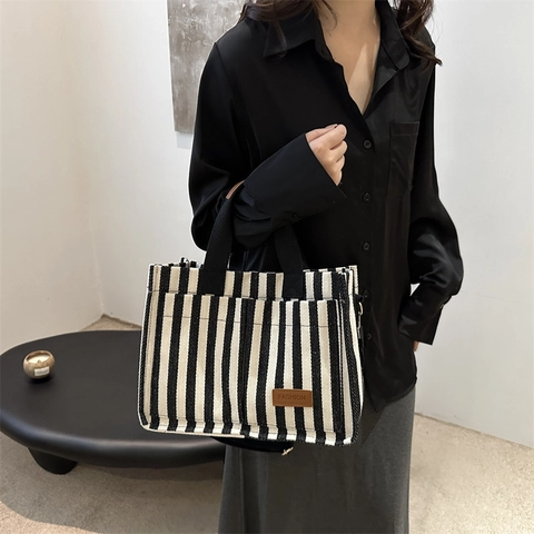 Women Fashion Striped Canvas Tote Bag Large Capacity Commuting Shoulder Bag With Leather Patch Adjustable Strap Handbag