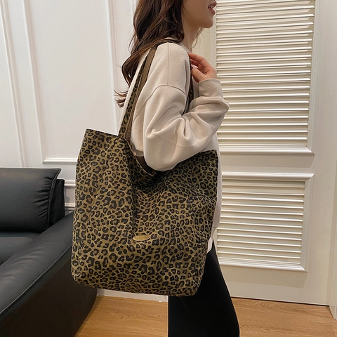 Women Large Capacity Canvas Tote Bag Leopard Print Vintage Casual Shoulder Bag Retro Designer Handbag School Shopping Bag