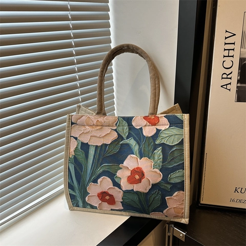 Women Vintage Artistic Flower Printed Canvas Tote Bag High Capacity Commute Shoulder Bag With Jute Handle Daily Handbag