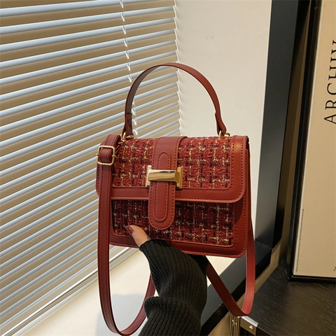 Women Vintage Tweed Patchwork PU Leather Square Bag Elegant Flap Handbag With Gold H Buckle Street Trend Crossbody Shoulder Bag