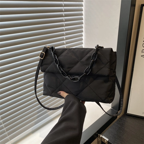 Fashion PU Quilted Shoulder Bag Rhombic Padded Crossbody Bag With Thick Chain Decoration Casual Flap Square Bag For Women