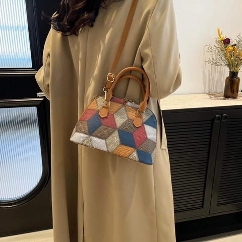 Geometrische Kleurblok Schelptas Voor Dames PU Leer Crossbody Schoudertas Handtas Stijlvol Patchwork Spleten Dagelijks Gebruik
