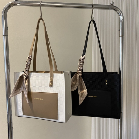 Retro Dames PU Leer Tote Bag Met Satijnen Sjaal Decor Schaakbord Textuur Schoudertas Mode Elegante Handtas Dagelijks Kantoor