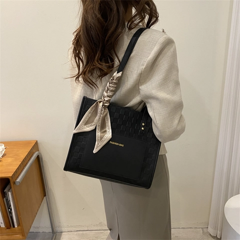 Retro Dames PU Leer Tote Bag Met Satijnen Sjaal Decor Schaakbord Textuur Schoudertas Mode Elegante Handtas Dagelijks Kantoor