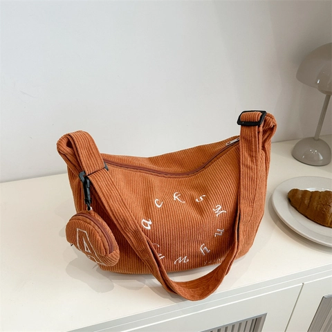 Women Corduroy Crescent Shoulder Bag Large Capacity Tote And Small Round Coin Purse Pendant Embroidery Letters Casual Hobo Crossbody Bag Daily Student Handbag
