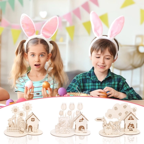 Easter DIY Wooden Puzzle Decoration Rabbit Egg Flower Small House Scene Desktop Tabletop Ornament Easter Party Decor