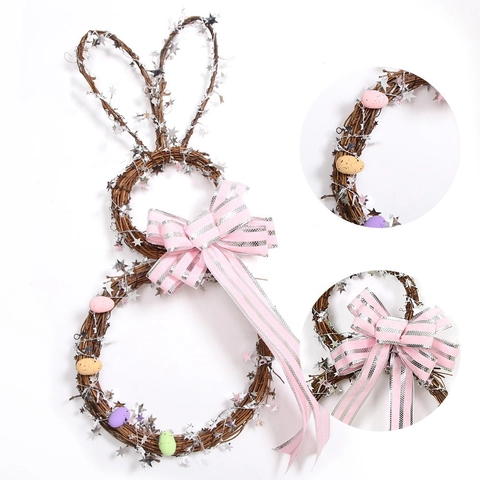 Ghirlanda Coniglio Pasquale in Rattan Forma di Coniglio Decorazione da Appendere alla Porta Con Fiocco e Uova Colorate Fai Da Te Fatto a Mano